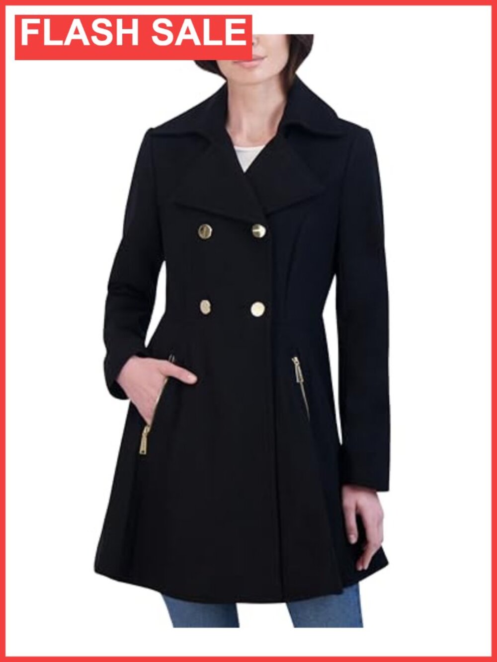 Double Breasted Melton Wool Fit and Flare Coat Zip Pockets